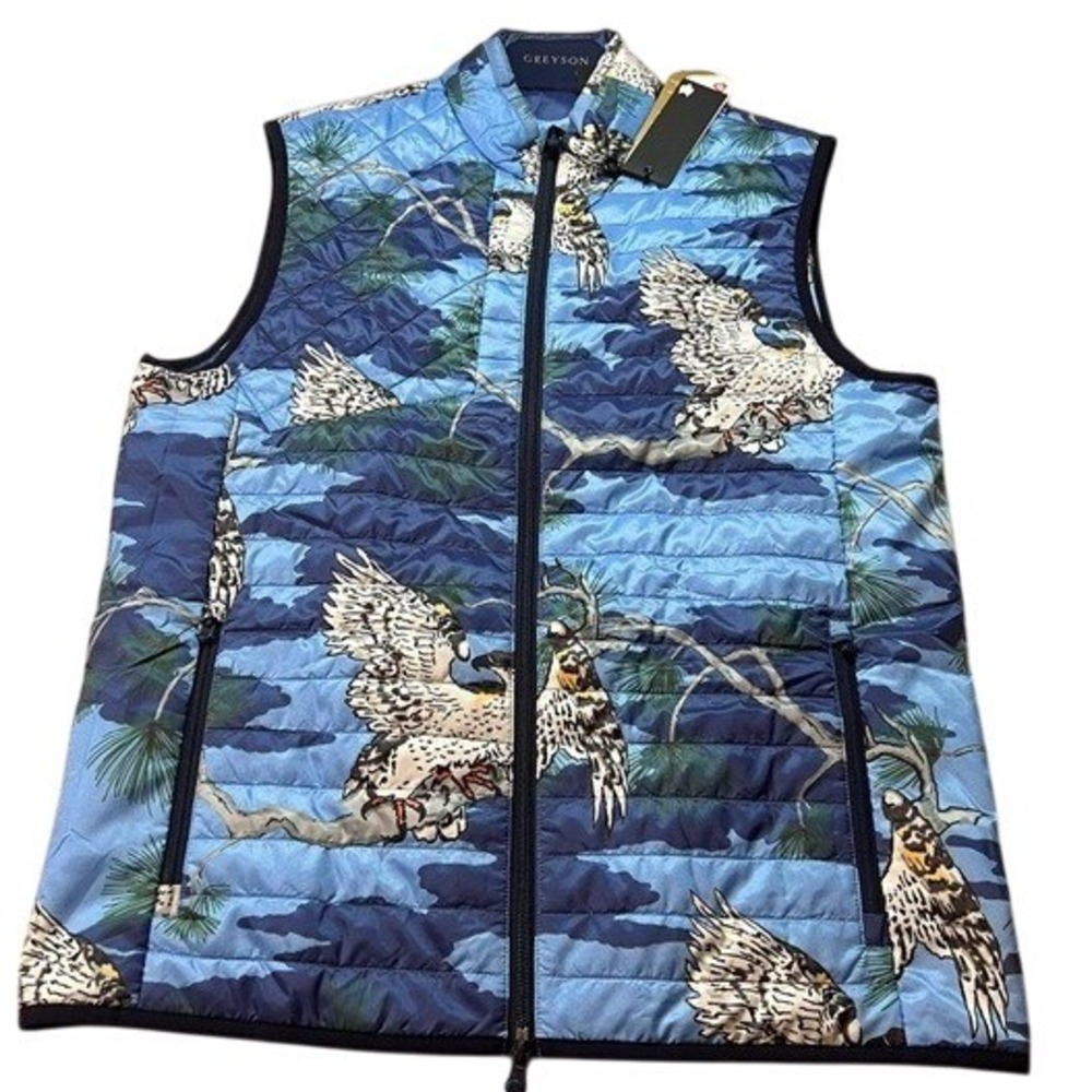 Greyson Vest‎ Blue White Hawk Print Quilted Sleeveless Jacket Menswear
